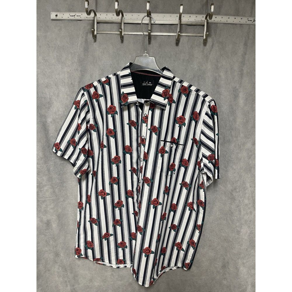 Public Record Shirt Men Sz 3XL White Striped Roses AOP Button Up Hawaiian Floral